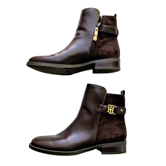 Tommy Hilfiger Irsela Brown Gold Ankle Zip Leather Booties - Picture 3 of 13